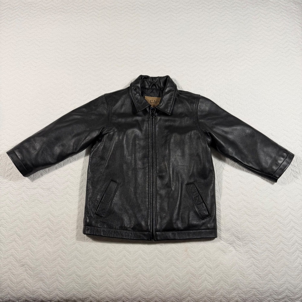 Gap Kids Black Fine Leather Jacket Collared Zip Front‎ Boys Girls Size XS Y2K